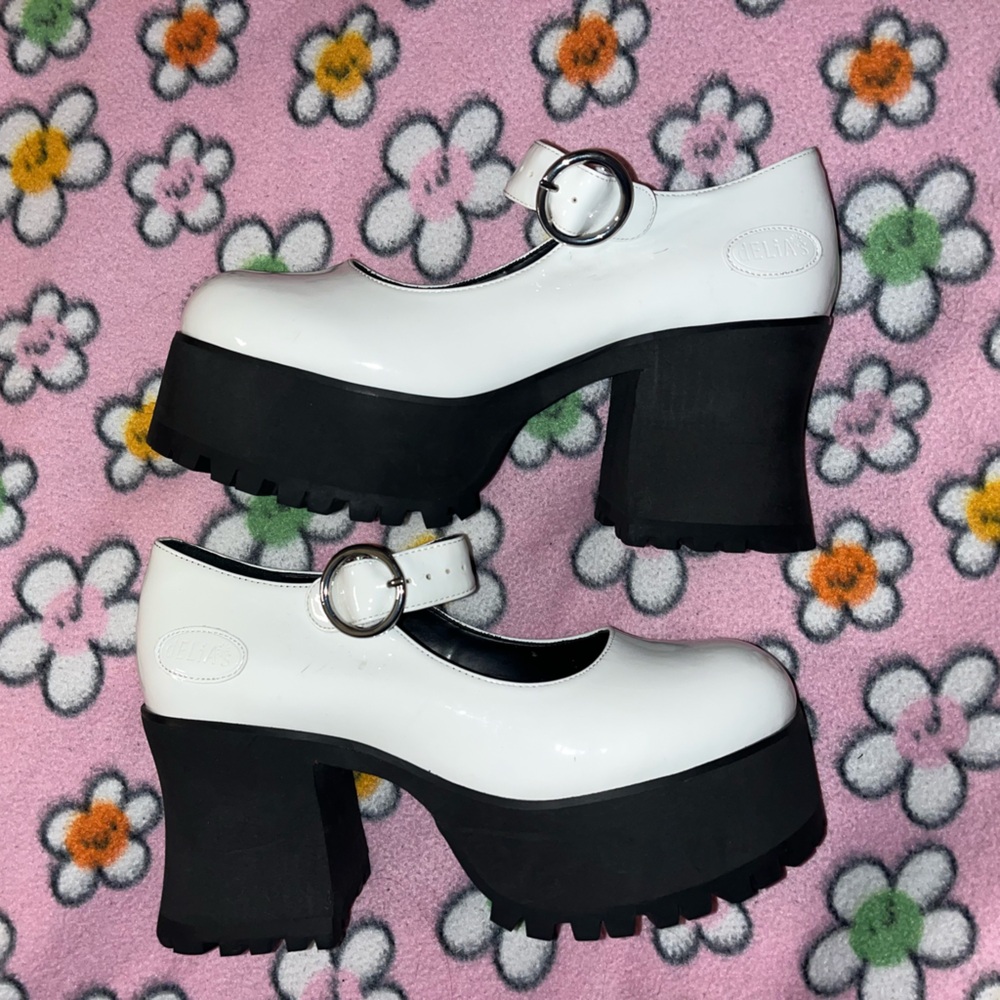 White and black chunky Mary Jane platform heels